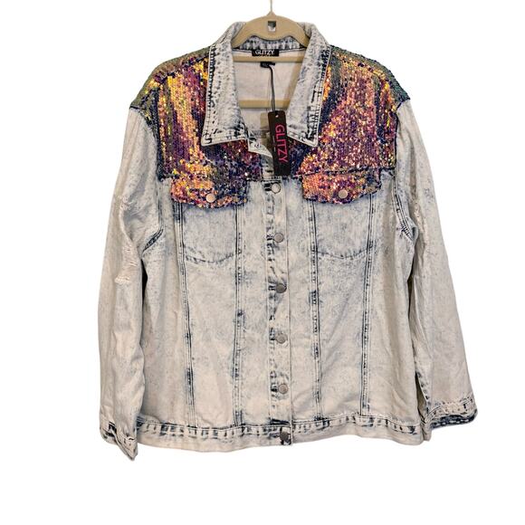 GLITZY Lifestyle Denim Jean Jacket Womens 4XL Plus Gold Sequins Light Blue NWT - Picture 1 of 8